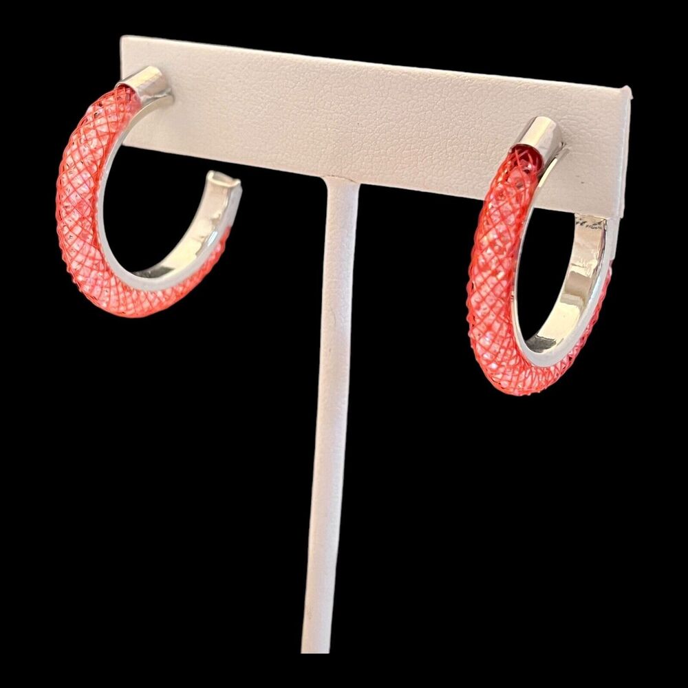 New Hoop Earrings Silver Tone Red Mesh Crystal Dust - 13H